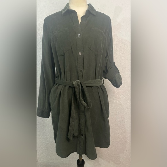 Lucky brand Green Soft Coloroid Dress Buttonup w/Waist Belt Sleeve Options Large - Picture 1 of 10